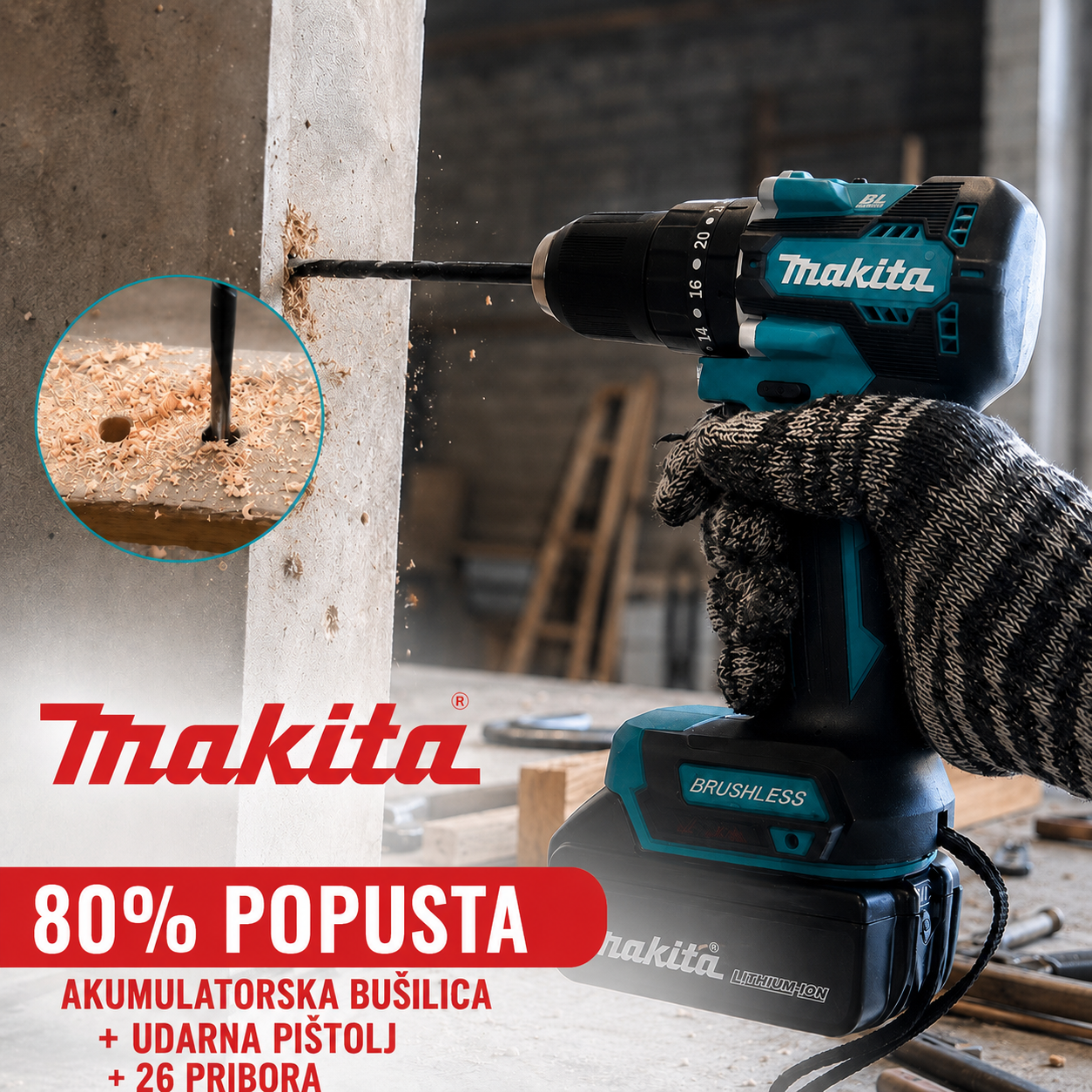 MAKITA KOMPLET: AKUMULATORSKA BUŠILICA + UDARNI ODVIJAČ + 26 DODATAKA + 2 BATERIJE